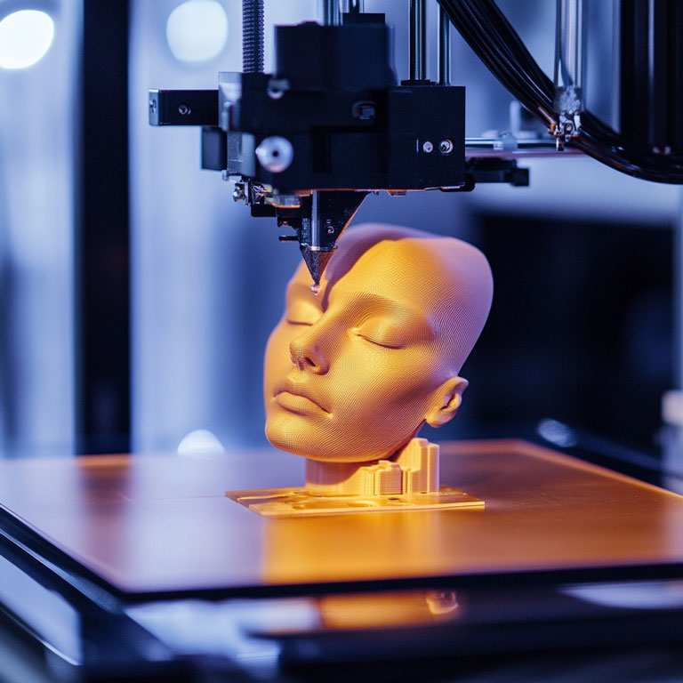 A human face model being 3D printed with high precision using additive manufacturing technology.