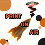Print On Air FDM 3D printing concept featuring a futuristic 3D-printed rocket, symbolizing support-free additive manufacturing and overhang printing innovations.
