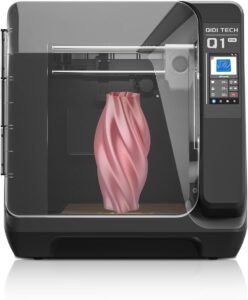 Enclosed QIDI Q1 Pro 3D Printer with active chamber heating, CoreXY frame, auto-leveling touchscreen control, and 350 °C direct extruder.