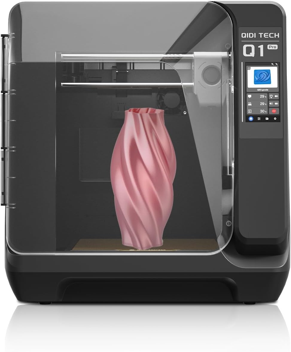 Enclosed QIDI Q1 Pro 3D Printer with active chamber heating, CoreXY frame, auto-leveling touchscreen control, and 350 °C direct extruder.
