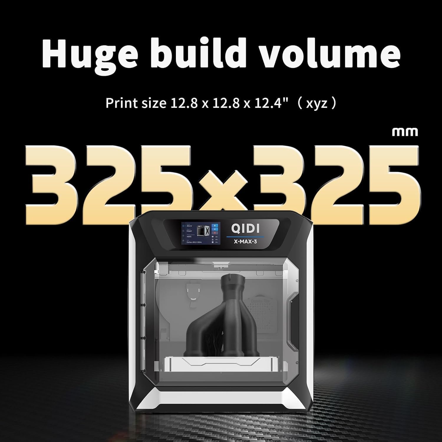 Image showcasing the QIDI X-MAX3 3D printer with text highlighting its huge build volume of 325x325x315mm, perfect for large-scale 3D printing and additive manufacturing tasks.