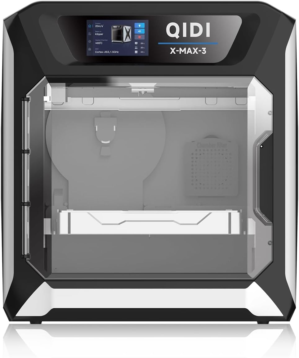Front view of the QIDI X-MAX3 3D printer, showcasing its enclosed build chamber and user interface, ideal for advanced 3D printing and additive manufacturing projects
