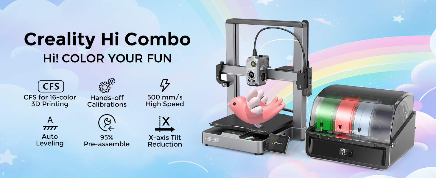 Creality Hi Combo 3D printer with multi-color printing capabilities showing colorful 3D printed objects and key features