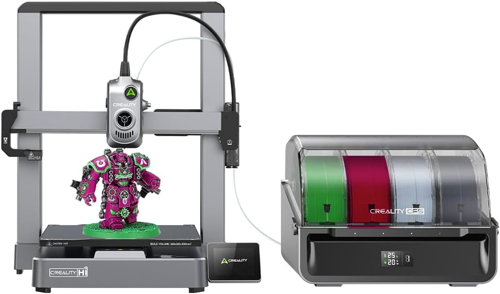 Creality Hi Combo 3D Printer printing a colorful figurine with multi-color filament system and 500mm/s high-speed capability