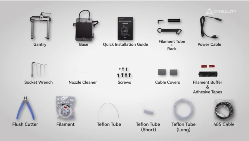 Labeled Creality Hi Combo 3D printer components laid out on a table—gantry, base, quick installation guide, filament tube rack, power cable, socket wrenches, nozzle cleaner, screws, cable covers, filament buffer with adhesive tapes, flush cutter, filament spool, Teflon tubes (short and long), and 485 cable.