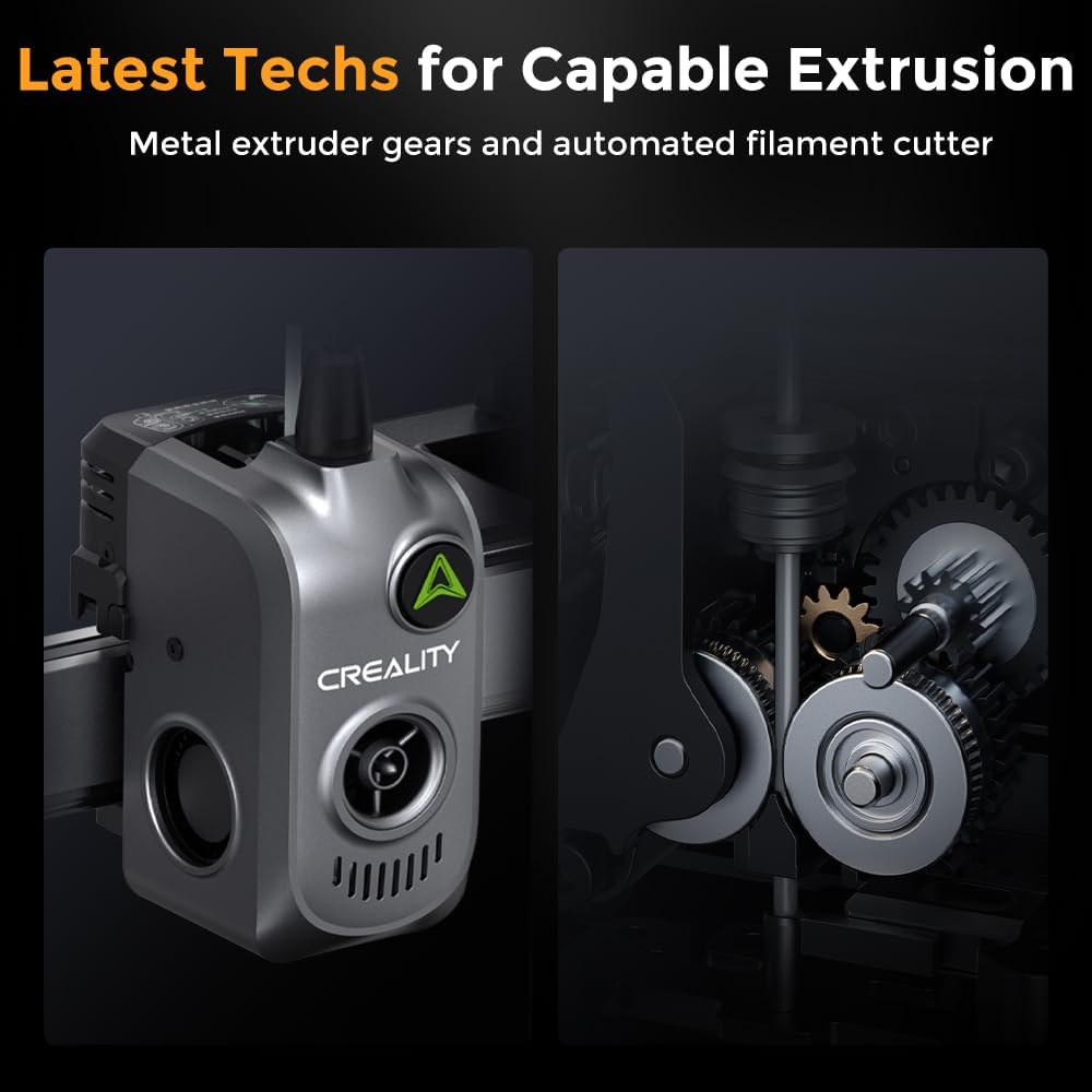 Close-up of the Creality Hi Combo 3D printer’s direct-drive metal extruder gears and built-in automated filament cutter, showcasing advanced extrusion technology.