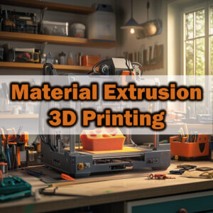 A desktop FDM 3D printer extruding bright orange filament on a workbench in a well-equipped workshop, illustrating the MEX process