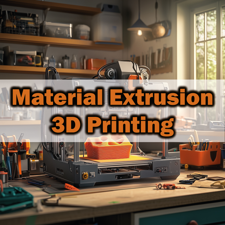 A desktop FDM 3D printer extruding bright orange filament on a workbench in a well-equipped workshop, illustrating the MEX process