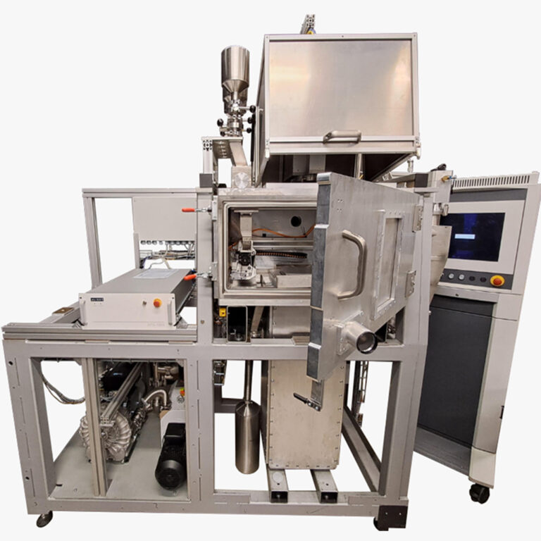 Open-source reAM250 metal LPBF 3D printer with its build-chamber door open, revealing the modular frame and control panel.