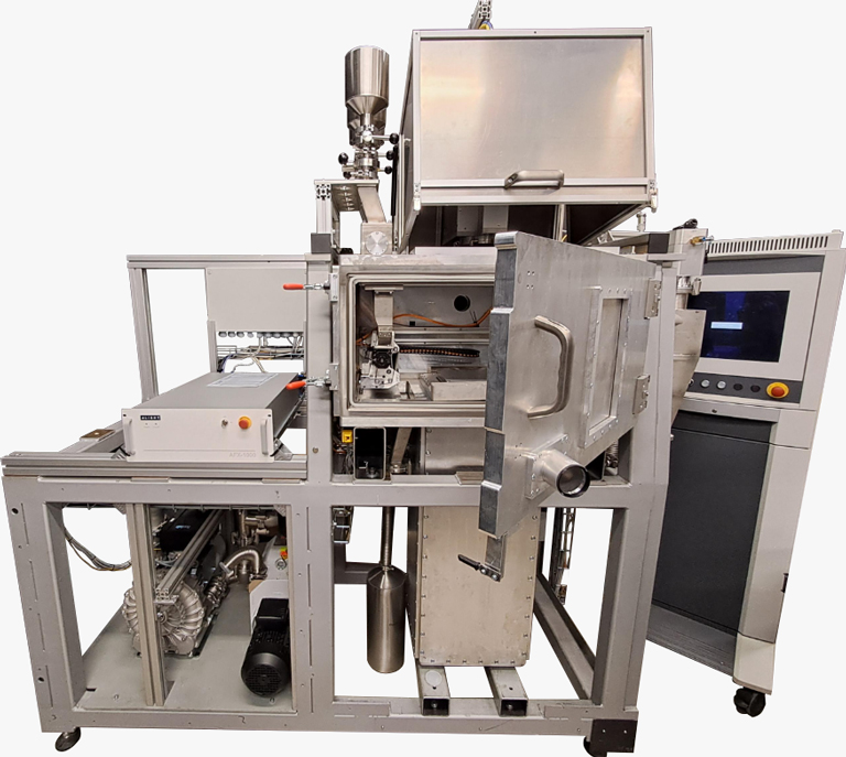 Open-source reAM250 metal LPBF 3D printer with its build-chamber door open, revealing the modular frame and control panel.