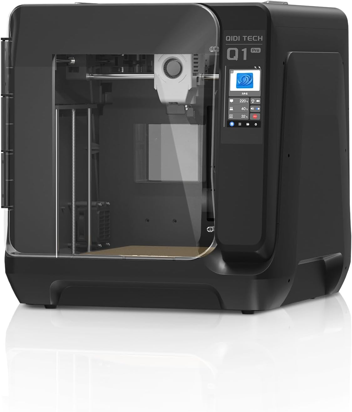 QIDI Q1 Pro 3D Printer with enclosed build chamber, touchscreen interface, and high-speed CoreXY design