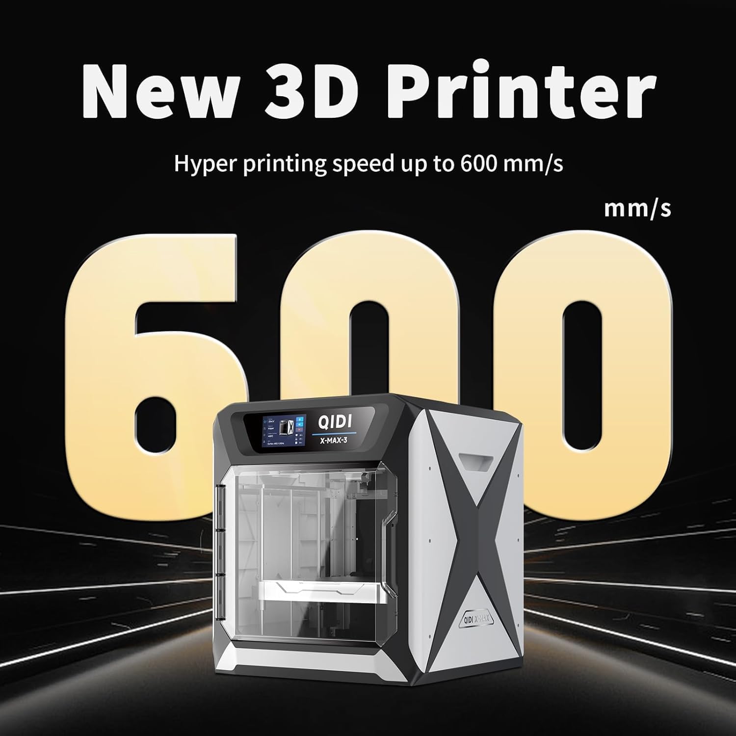 Front view of the new QIDI X-MAX-3, a high-speed 3D printer capable of 600 mm/s, an example of advanced additive manufacturing technology.