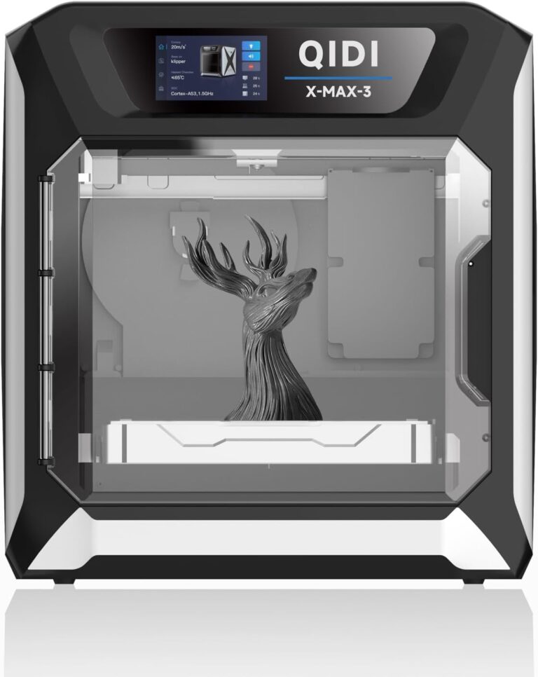 QIDI X-MAX 3 3D printer demonstrating additive manufacturing by printing a high-precision deer model with large build volume and fast layer deposition