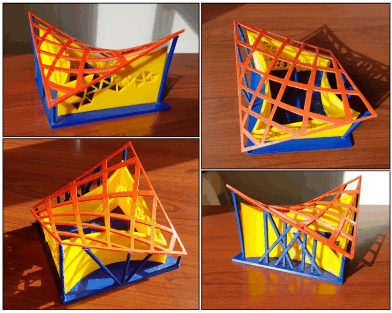3D Printing in Architectural Education: Photographs of the 1:100 scale multicolor 3D printed model—printed in red, blue, and yellow on an Ultimaker—to test physical model effects on spatial perception in the study.