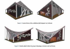 3D Printing in Architectural Education: Eight Archicad renderings comparing monochrome texture tests (top row) with primary color schemes (bottom row) on the exhibition hall model to evaluate how visual variation influences spatial understanding.