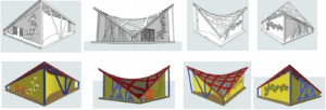 3D Printing in Architectural Education: Archicad renderings showing the general form plus irregular openings, supporting structure, and complex roof geometry of a small exhibition hall.