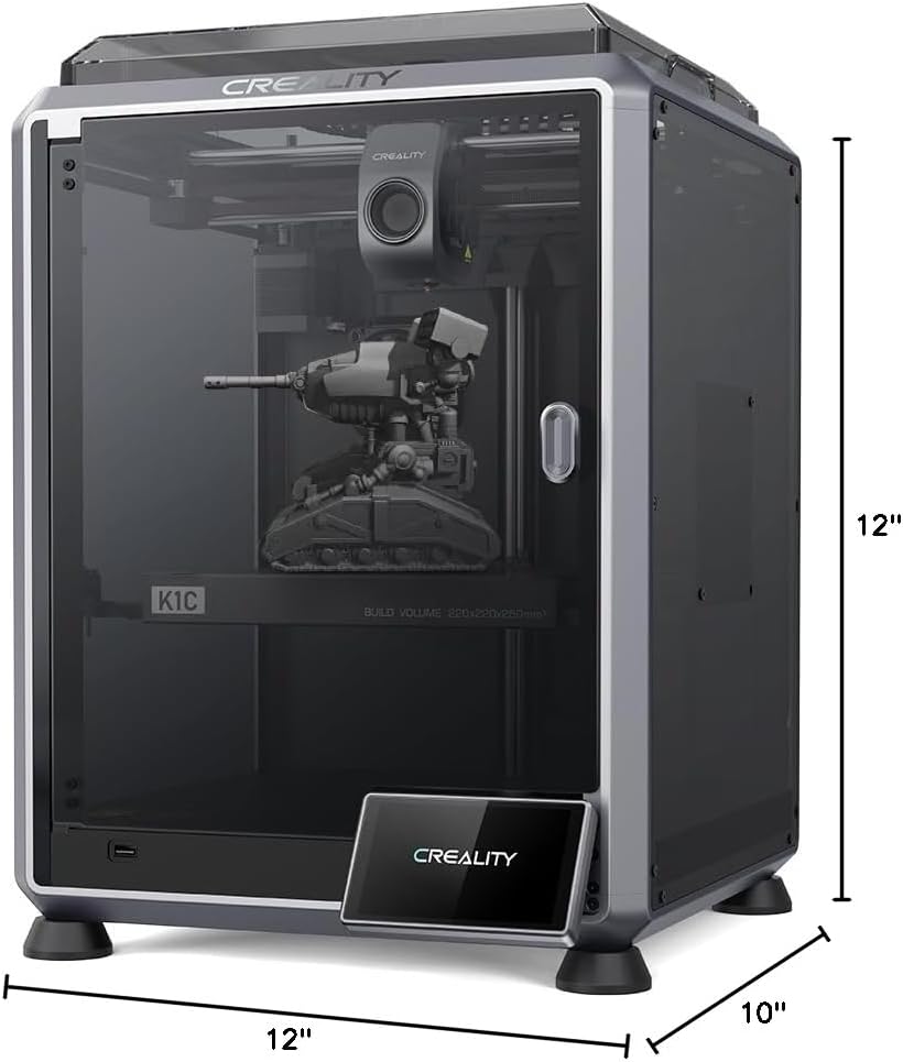 Front view of a Creality K1C enclosed 3D printer with a grey mech model inside and “12″×12″×10″” build-volume dimension markings