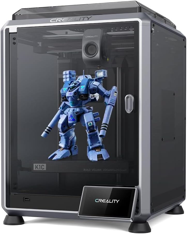 Creality K1C enclosed 3D printer producing a detailed blue mech model prototype